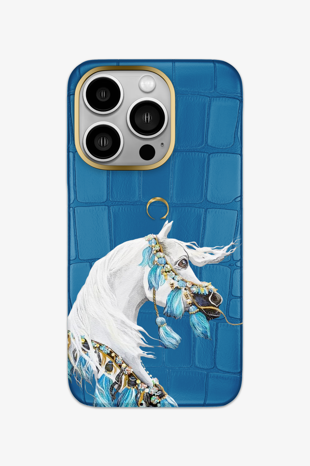 Horse Painting Blue Lagoon Alligator Case for iPhone 15 Series - 15 Pro / Gold - zollofrance