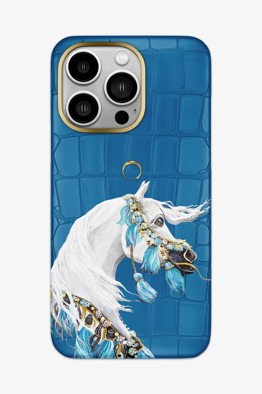 Horse Painting Blue Lagoon Alligator Case for iPhone 15 Series - 15 Pro Max / Gold - zollofrance