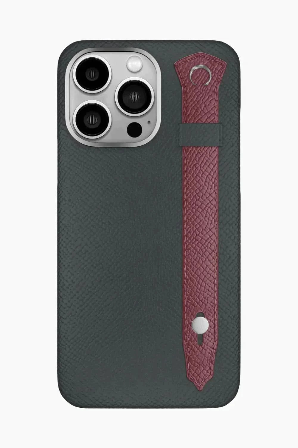 Calfskin Strap Case for iPhone 16 Pro Max - Grey Anthracite / Burgundy - zollofrance