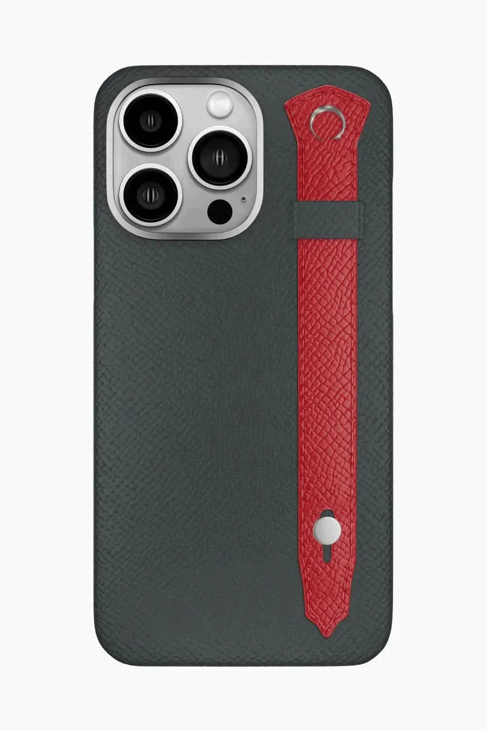 Calfskin Strap Case for iPhone 16 Pro Max - Grey Anthracite / Red - zollofrance