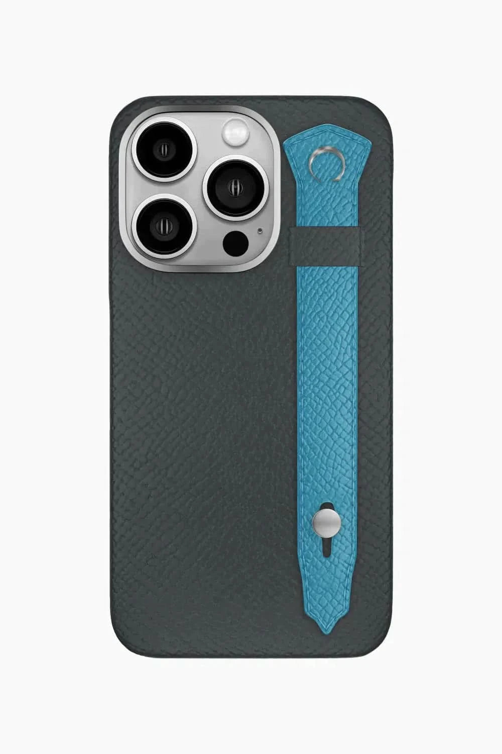 Calfskin Strap Case for iPhone 16 Pro - Grey Anthracite / Blue Teal - zollofrance