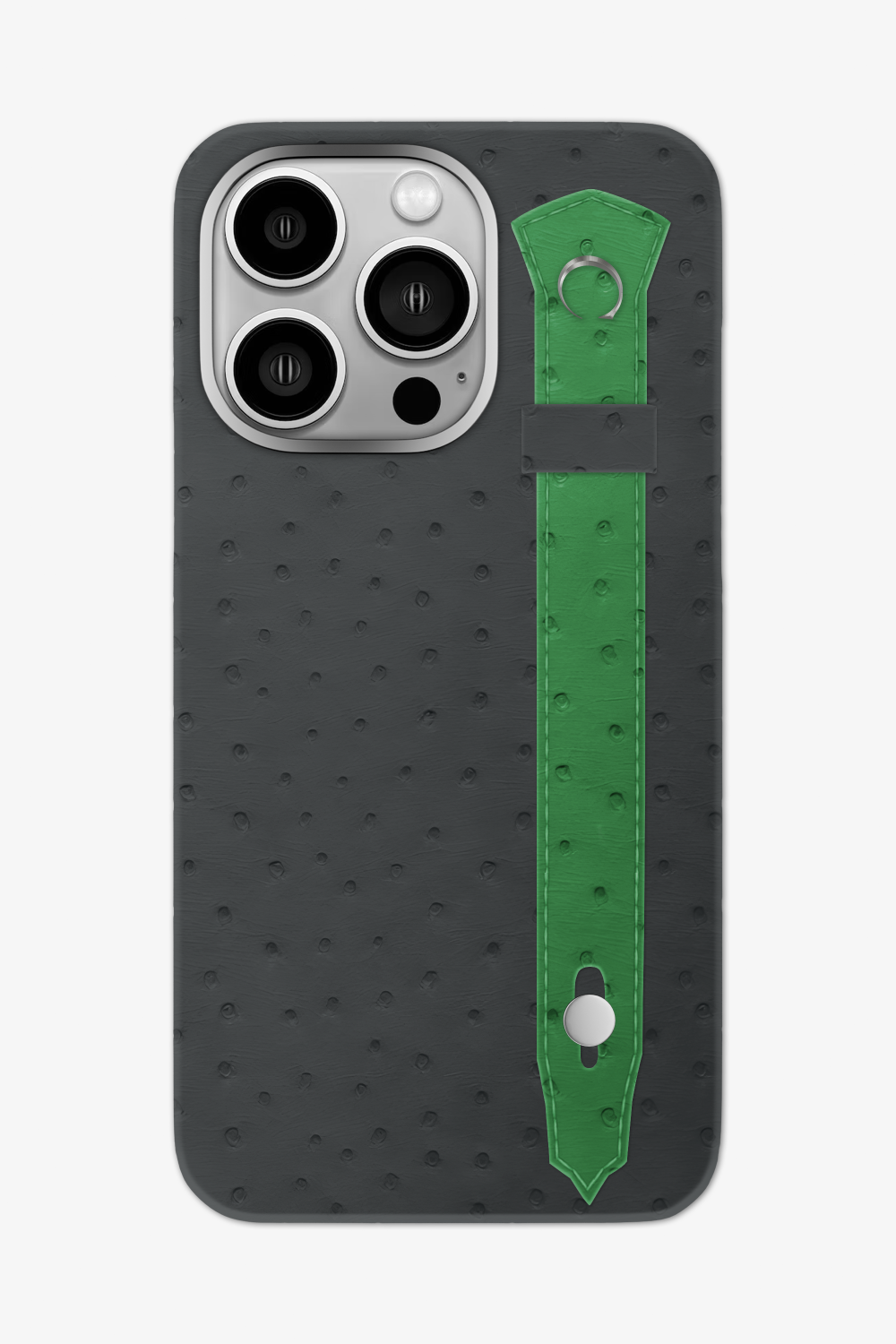 Ostrich Strap Case for iPhone 16 Pro Max - Grey Anthracite / Green Emerald - zollofrance